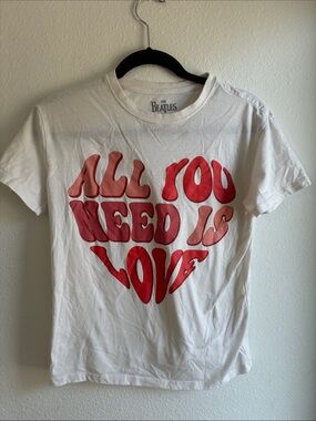 The Beatles White Tee with Red Heart-Shaped Lettering